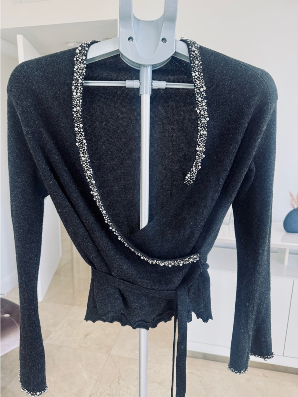 Luisa Cerano Black V-Neck Wrap Sweater with Beaded Trim, elegant, perfect, S